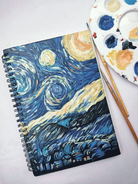 Acrylic painting on book cover Sketchbook Front Page Ideas, Painting Projects High School, Cute Sketchbooks, Easy People Drawings, Creative Book Covers, School Book Covers, Front Cover Designs, Scrapbook Cover, Gcse Art Sketchbook