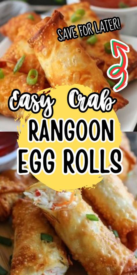 Easy Crab Rangoon Egg Rolls a delightful fusion of two beloved appetizers into one irresistible treat. Crispy egg roll wrappers envelop a creamy filling of crabmeat, cream cheese, and savory spices, creating a harmonious blend of textures and flavors that's sure to tantalize your taste Recipes Using Egg Roll Wrappers, Easy Crab Rangoon, Easy Egg Roll Recipe, Crab Rangoon Egg Rolls, Crab Eggs, Egg Roll Filling, Crab Rolls, Crispy Egg, Crab Rangoon