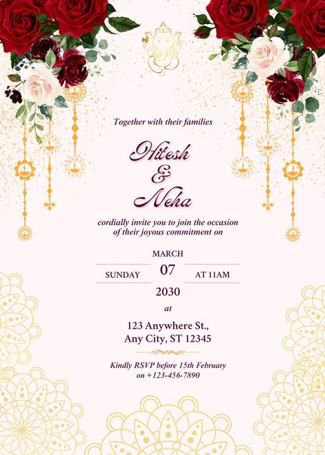 ⭐ WHAT YOU'LL GET ⭐ 🌹 2 Page Invitation Designs. 🌹 Size: Vertical 5" X 7". 🌹 Instant Access to Canva file. 🌹 Fully editable text ( Font, Size, Color ) 🌹 Unlimited edits & downloads. WHAT YOU CAN CHANGE IN YOUR INVITATIONS TEMPLATE 🌹 All text is Editable, you can change text colors, txt font & text sizes. 🌹 You can add additional text in case you want more information. * * * WHAT YOU CAN'T CHANGE IN YOUR INDIAN WEDDING INVITE TEMPLATE 🌹 You cannot edit the background color. 🌹 You cannot Wedding Invitation Indian Template, Hindu Wedding Invitation Cards Template, Indian Wedding Invitation Cards Template, Weeding Inventions Cards Design Template, Hindu Wedding Invitation Templates, Hindu Wedding Invitation Card Design, Wedding Templates Invitation, Indian Wedding Card Design, Indian Wedding Invitation Templates