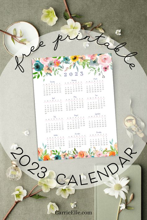 Free Printable 2023 Year-at-a-Glance Floral Calendar - Carrie Elle 2023 Year Calendar Printable Free, 2023 Year At A Glance Printable Free, Yearly Calendar 2023 Free Printable, Floral Calendar, Happy Planner Printables, At A Glance Calendar, Year At A Glance, 2023 Year, Meal Planning Printable