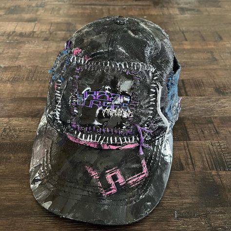 🌐TRIPLE3RD🌐 •+Engineering01+• $63 Custom Upcycled 1/1 Hat Adjustable Hand sewn urban curses / triple3rd patch. Scrap patchwork. Pink smudges are fragments of our new large urban curses print. Black paint over. Rubber pour over entire piece. “Lighter” pocket sewn to left. Three gunmetal studs fixed at back. “A students dream” patch sewn adjacent. Handmade tag as always🏷️ All orders come with stickers and care instructions! Tag me if you take any pics❤️‍🔥 Dm to tap into custom work🫡 _________... Scrap Patchwork, Punk Patches, Hat Ideas, Handmade Tags, Some Ideas, Diy Accessories, Black Paint, Diy Inspiration, Hand Sewn