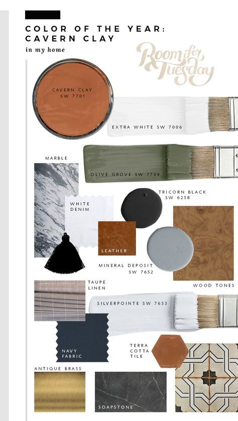 The Sherwin-Williams 2019 Color of the Year can be brazen or versatile, depending on how you use it. Sarah from @roomfortuesday created this #palette of earthy hues featuring Cavern Clay SW 7701 and the ever-popular Tricorn Black SW 6258. Click through to see how she perfected the Color of the Year in her #home. 포트폴리오 레이아웃, Sherwin Williams Colors, Joanna Gaines, Paint Colors For Home, Color Of The Year, Sherwin Williams, Interior Paint, Design Tips, تصميم داخلي