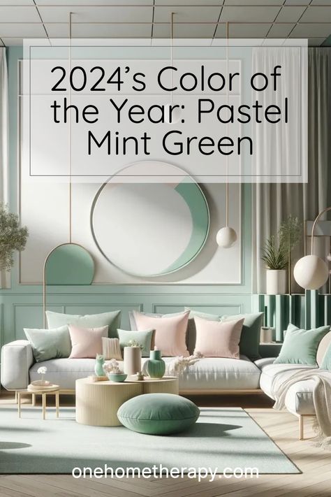 Brighten up your living space with the vibrant pastel mint green of 2024's Color of the Year! ✨ Transform your home with this soothing, calming shade and see how it can create a serene environment for everyone. 😍 Click to Learn More! Cream And Mint Green Bedroom, Mint Green And Gray Living Room, Blush And Mint Bedroom, Mint Paint Color Bedroom, Mint Green Living Room Decor, Colors That Go With Mint Green, Pastel Color Interior Design, Mint Bedroom Ideas, Mint Green Interior Design