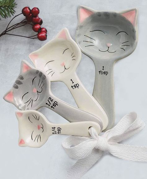 Shaped Ceramic Measuring Spoons Ribbon Farmhouse Kitchen Utensils, Kitchen Utensil Decor, Spoon Craft, Cat Spoon, Spoon Gifts, Cat Ceramic, Measuring Cups & Spoons, Kitchen Gadgets Unique, Spoons Set