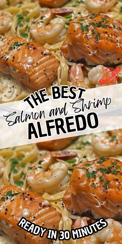 Salmon and Shrimp Alfredo Slow Cooker Shrimp Pasta, Salmon Shrimp Alfredo, Cajun Salmon And Shrimp Alfredo, Salmon And Shrimp Alfredo Pasta, Shrimp Salmon Pasta, Salmon With Alfredo Sauce, Salmon Alfredo Recipes, Salmon With Alfredo Pasta, Seafood Alfredo Pasta Recipes