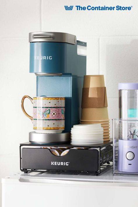 College Dorm Coffee Station, Dorm Snacks Storage, Keurig Station, Coffee Essentials, College Kitchen, Snack Station, Coffee Storage, Dorm Ideas, The Container Store