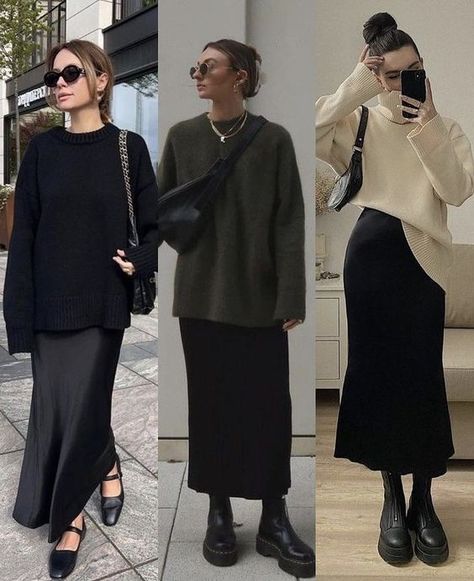 Skirt Fall 2023, Layered Silk Dress Outfit, Black Velvet Skirt Outfit Fall, Winter Bridal Luncheon Outfit, Fall Minimalist Outfit 2023, Maxi Velvet Skirt Outfit, Vagabond Tara Boot Outfit, Plus Size Minimalist Outfits Winter, Longline Outfit