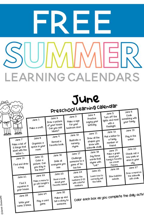 Download these free printable summer learning calendars to use during the months of May, June and July! Great learning activities for preschoolers preparing for Kindergarten! Summer Learning For Kids Kindergarten, Preschooler Summer Schedule, June Lesson Plans For Toddlers, June Themes For Toddlers, June Lesson Plans Preschool, Summer Curriculum Preschool, Summer Learning Activities Kindergarten, June Preschool Activities, Summer Schedule For Kindergarteners