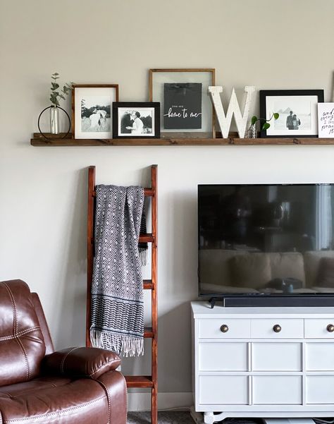 Large Shelf Above Tv, Angled Living Room, Photo Ledge Display, Shelf Styling Bedroom, Shelf Above Tv, Picture Wall Living Room, Ledge Decor, Photo Ledge, Picture Shelf