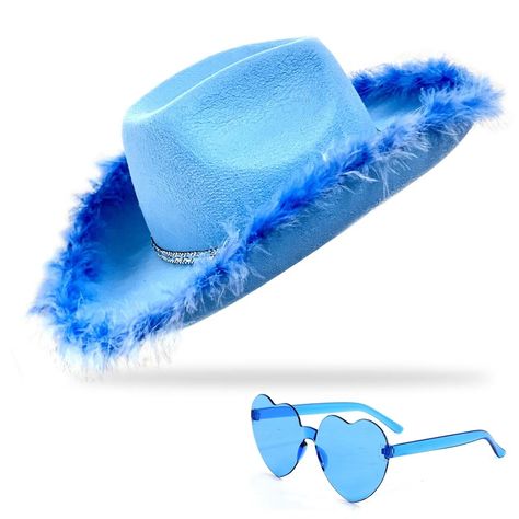 PRICES MAY VARY. Set Contains - 1 × cowgirl hat (23.6 in head circumference), 1 × heart sunglasses (21.6 in × 21.6 in) Durable blue cowgirl hat and blue heart sunglasses combo sets are great additions to parties like bachelorette parties and halloween parties Unique Design - The brim of pink cowboy hat are wrapped by feather boa, which has a layered sense and is more attractive, cowgirl hats women is very light, even if it is worn for a long time, it will not have any burden The head circumferen Blue Cowgirl Hat, Blue Heart Sunglasses, Bachelorette Party Halloween, Cowgirl Dress Up, Hat With Feather, Bachelorette Party Sunglasses, Cowgirl Halloween, Small Cow, Pink Cowboy Hat