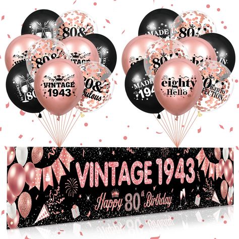 PRICES MAY VARY. 【80th Birthday Party Decorations】: The rose gold 80th birthday party decorations set includes a happy 80th birthday banner and 18pcs rose gold black 80th birthday balloons for women, which is essential for a 80th birthday party supplies and will leave a deep impression on everyone 【Suitable Size】: The rose gold 80th birthday banner measures 98.4 x 17.7 inch and the vintage 1943 balloons measures 12inch, which can be used on yard, fence or garage door, it can also be used as a be Rose Gold 80th Birthday Party, Birthday Party Decorations For Women, 90th Birthday Banner, 80th Birthday Banner, 50th Birthday Party For Women, 90th Birthday Party Decorations, 60th Birthday Balloons, 60th Birthday Banner, 80th Birthday Party Decorations