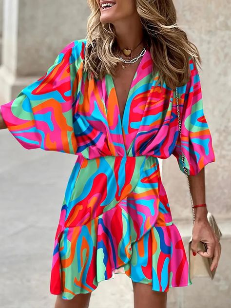 Temu | Explore the Latest Clothing, Beauty, Home, Jewelry & More Mode Prints, Elegant Mini Dress, Ruffle Wrap Dress, Dress Sleeve Styles, Half Sleeve Dresses, Mini Dresses For Women, Style Upgrade, Ruffle Mini Dress, Ruffle Hem Dress