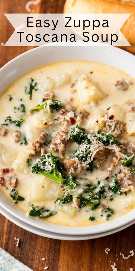 This easy Zuppa Toscana Soup is creamy and perfectly seasoned with flavorful sausage, soft potatoes, and savory bacon. Soup Instapot, Crockpot Zuppa Toscana, Copycat Zuppa, Zuppa Toscana Soup Olive Garden, Copycat Zuppa Toscana, Olive Garden Pasta, Italian Soup Recipes, Sausage Soup Recipes, Olive Garden Copycat