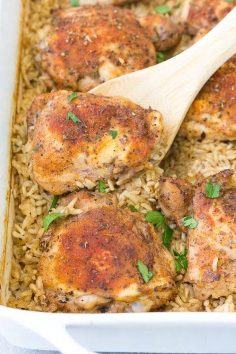 Chicken Thigh And Brown Rice Recipes, Chicken And Brown Rice Recipes Healthy, Easy Baked Chicken And Rice, Baked Chicken And Rice Casserole, Chicken Platters, Brown Rice And Chicken, Chicken Thigh And Rice Recipe, Chicken Thigh Casserole, Chicken Thighs And Rice