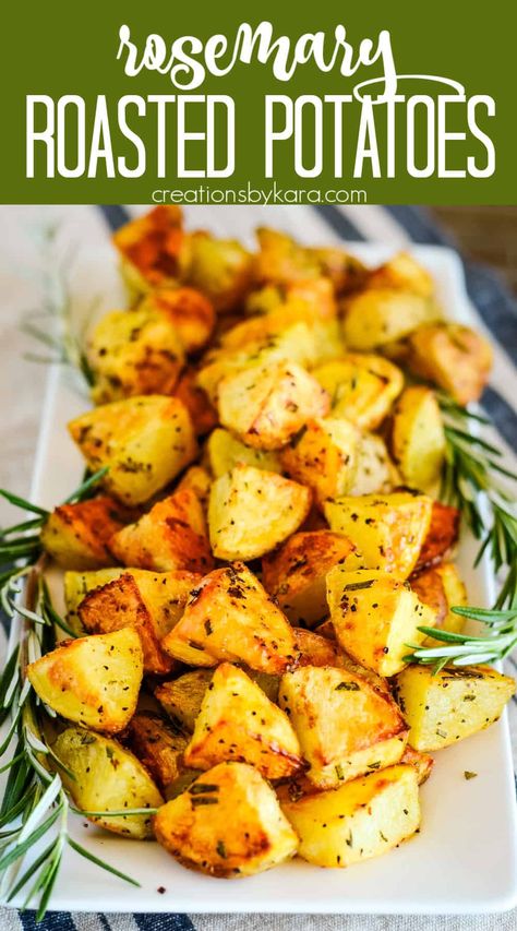 Crispy ROASTED ROSEMARY POTATOES are a simple side dish that go with just about anything! With flavorful, crunchy exteriors and tender insides, they are amazing! #rosemarypotatoes #roastedpotatoes @Creations by Kara Things To Make With Rosemary, Rosemary Potatoes Roasted, Recipes With Russet Potatoes, Roasted Potatoes With Rosemary, Rosemary Garlic Potatoes, Rice Dishes Recipes, Potato Rounds, Side Dishes For Ham, Herbed Potatoes