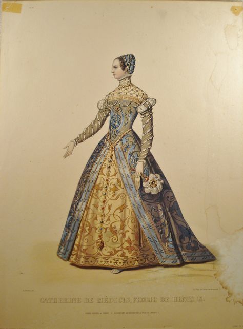 1500's Catherine De Medici Royalty Dress, Catherine De Medici, French Royalty, Tudor Era, Gown Blue, Victorian Costume, Old Fashion, Historical Dresses, Fashion Plates