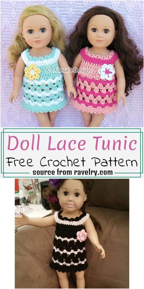 Free Crochet Doll Lace Tunic Pattern #freecrochetpattern #crochetdoll #crochetdollpattern #freecrochetdollpattern Crochet Doll Clothes Free Pattern, Crochet Doll Clothes Patterns, American Girl Crochet, Diy Crochet Doll, Baby Doll Clothes Patterns, Doll Items, Doll Things, Crochet Doll Dress, Doll Clothes Patterns Free