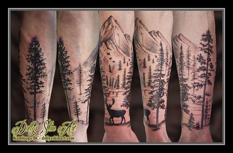 Brayden's stag in the forest scene - Dolly's Skin Art Tattoo Kamloops BC Mountain Trees Tattoo, Trees Tattoo, Mountain Trees, Kamloops Bc, Forearm Sleeve, Deer Tattoo, Stag Deer, Tattoo Aftercare, Tree Tattoo