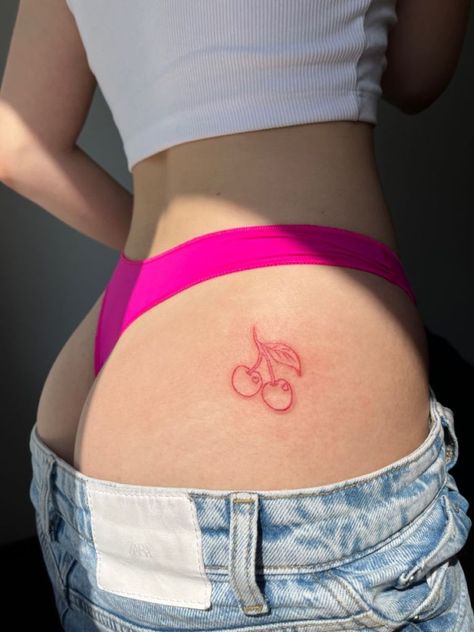 Peach Tattoo Traditional Side Lower Back Tattoos, Cherry Tattoo Buttcheek, Small Tattoos On Dark Skin, Cherry Hip Tattoo, Cheeky Tattoos For Women, Cherry Tramp Stamp, Peach Tattoo Buttcheek, Cherry Tattoo On Bum For Women, Bum Cheek Tattoo Women