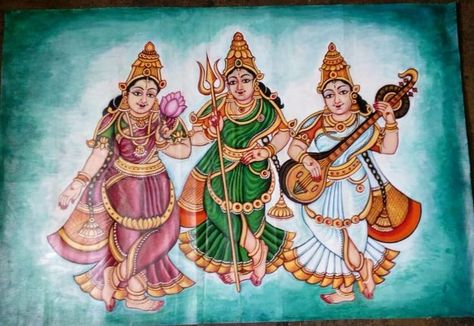 CHAYA - is a unique gift store which specialises in Tanjore paintings and other traditional Indian art with utilitarian value!! Tridevi Goddess Art, Saraswati Goddess Sketch, Godess Laxmi, Hindu Goddesses, Mysore Painting, Saraswati Goddess, Kerala Mural Painting, Shakti Goddess, Hinduism Art