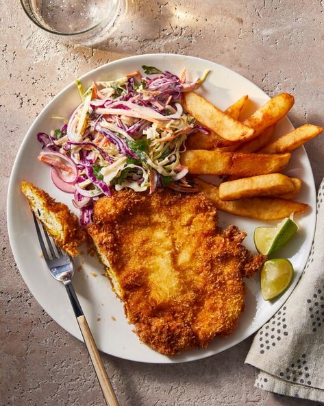 Curried Chicken Schnitzel (with Mango Chutney Coleslaw) | Kitchn Lemon Thyme Chicken, Chicken Cutlet, Creamy Avocado Sauce, Curried Chicken, Super Easy Dinner, Chicken Schnitzel, Easy To Make Dinners, Sheet Pan Suppers, Mango Chutney