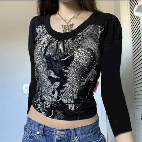 Brand New Slim Long Sleeve Top 35% Cotton 65% Polyester Chica Chola, Y2k Long Sleeve, Streetwear Girl, Grunge Streetwear, Cropped Tee Shirt, E Girl, I'm With The Band, Fairy Grunge, Print Crop Tops