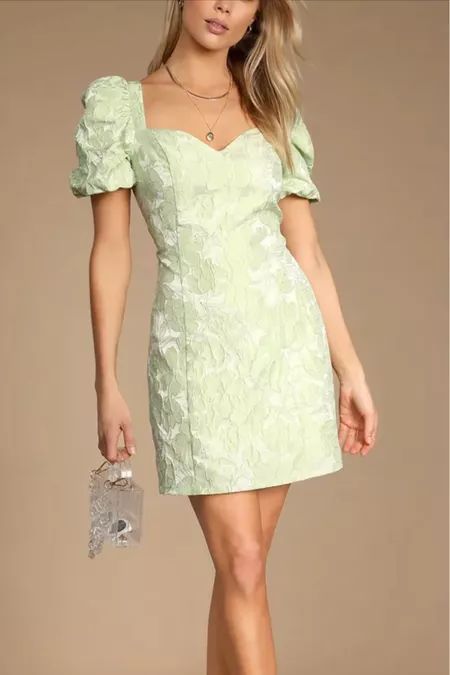 OutfitIdeas's Easter Collection on LTK Modest Homecoming Dresses, Light Green Dress, Floral Dress Outfits, Green Homecoming Dresses, Recruitment Outfits, Cute Floral Dresses, Guest Attire, Wedding Attire Guest, Green Mini Dress