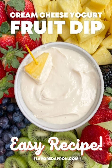 Bowl of cream cheese fruit dip with a piece of fruit being dipped in. Fruit Dip With Cream Cheese, Dipping Strawberries, Cream Cheese Fruit Dip Recipe, Greek Yogurt Fruit Dip, Healthy Fruit Dip, Yogurt Fruit Dip, Easy Fruit Dip, Cream Cheese Fruit Dip, Dip With Cream Cheese