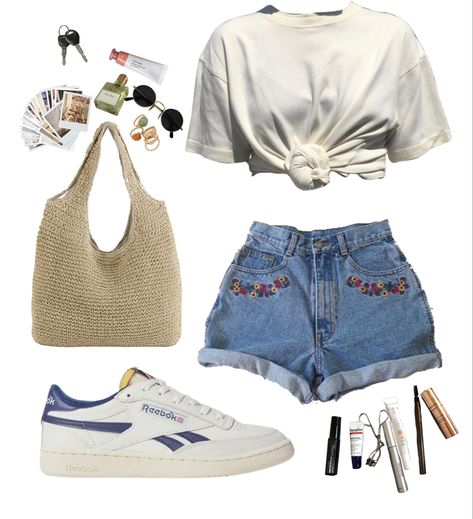 Casual summer outfit with sneakers and jean shorts Bookish Outfits Summer, Lakehouse Aesthetic Outfit, Greek Summer Aesthetic Outfit, Rory Gilmore Aesthetic Outfits Summer, Gilmore Girls Summer Outfits, Cottage Outfit Summer, Mermaid Core Outfits Casual, Beach Core Outfits, Vest Outfits Summer