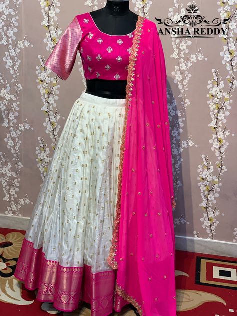 Lehenga Pattu, Traditional Half Saree Designs, Silk Lehangas, Designer Dresses Elegant, Durga Mata, Netted Blouse Designs, Lehenga Crop Top, Lehenga Saree Design, Bridal Sarees South Indian