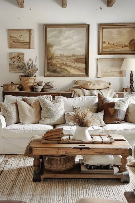 Explore living room wall art layout ideas that create a cozy and inviting atmosphere. Embrace vintage and rustic elements for a warm space. 🌿✨ Clean Home Decor Ideas, Sophisticated Country Decor, Country Home Living Room Decor, Natural Vintage Interior, Beige Cottage Living Room, Cozy Cottage Living Room Farmhouse Style, Cottagecore Interior Living Room, European Interiors Living Room, Rustic Modern Farmhouse Living Room Decorating Ideas