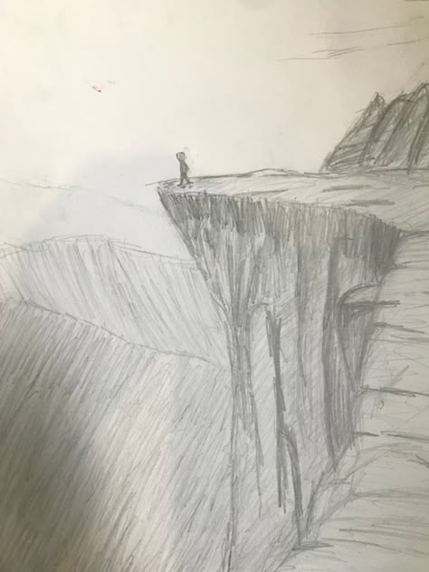 A simple sketch of a person on a cliff Psychological Landscape Drawing, Cliff Painting Easy, Edge Of A Cliff Drawing, How To Draw A Cliff Edge, Phobia Drawing Ideas Easy, Cliff Landscape Drawing, Cliff Sketch Drawings, Mountain Cliff Drawing, Cliff Drawing Easy