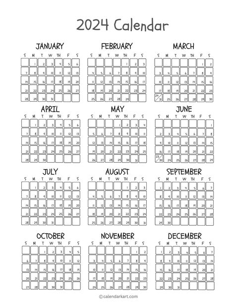 Free Printable Year At A Glance Calendar 2024 - CalendarKart 2024 Yearly Calendar, 2025 Calendar Printable Free, 2024 Calendar Printable Free, Year At A Glance Calendar, Aesthetic Scrapbook, At A Glance Calendar, Monthly Printable, Monthly Planner Template, Year At A Glance