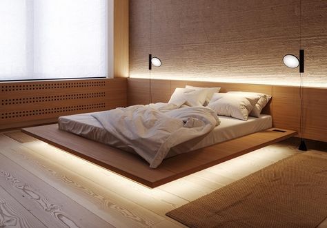 LED Lighting Allows This Bed To Appear As If It’s Floating - Kyiv, Ukraine, 02000 Owners Suite, Suite Bedroom, Floating Bed, Wood Bed Frame, Modern Apartment, Bedroom Bed, Apartment Design, Home Decor Tips, 인테리어 디자인