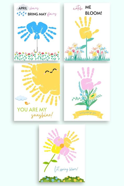 These free printable handprint crafts for spring are a fun fine motor experience for toddlers and preschoolers! Grab your set of free handprint craft pages for spring. Spring Hand Print Craft, April Handprint Crafts, Free Handprint Printable, Spring Handprint Art, Spring Season Crafts, Spring Handprint Crafts, Crafts For Spring, Spring Toddler Crafts, Printable Craft Templates