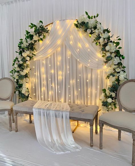 The Flower Wall Manchester’s Instagram post: “Our new white draped set up✨ 2 side chairs now available! DM to book! #marqueewedding #nikkah #nikkahceremony #engagement #flowerwall…” Nikkah Stage Decoration Simple, Champaign Wedding Decor, Nikkah Decor Simple, Madhuramveppu Decor, Madhuramveppu Ideas, Roka Decoration Ideas, Wedding Stage Decorations Simple, Simple Nikkah Decor, Simple Wedding Stage Decorations