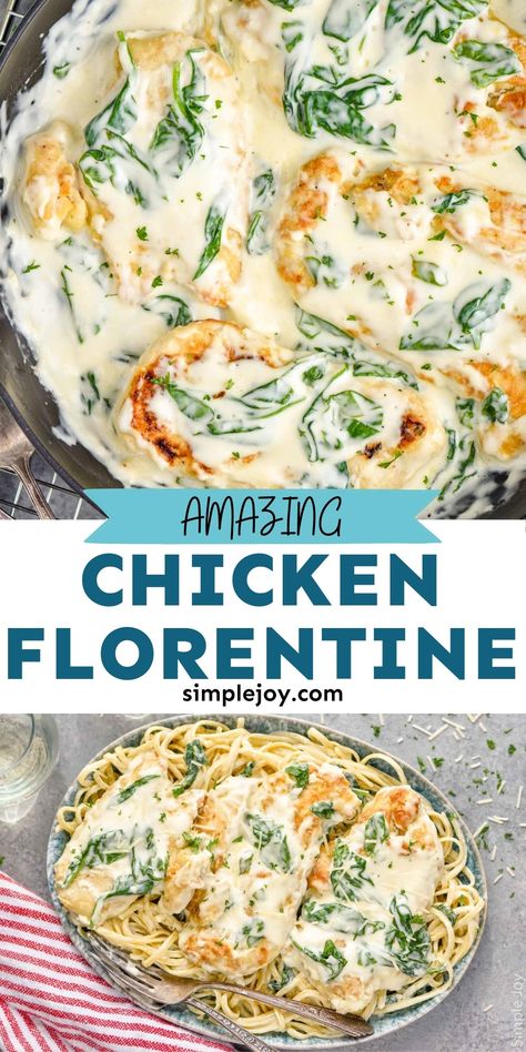 Chicken Florentine is a quick skillet meal that combines pan fried chicken with a creamy béchamel sauce and wilted spinach. This has all the hallmarks of a fancy dinner, while actually being a quick weeknight meal. Crockpot Chicken Florentine, Chicken With Spinach Recipes, Creamy Chicken Florentine, Chicken Florentine Soup, Chicken Florentine Pasta, Chicken Florentine Recipe, Pecan Oatmeal, Florentine Recipe, Chicken Francese