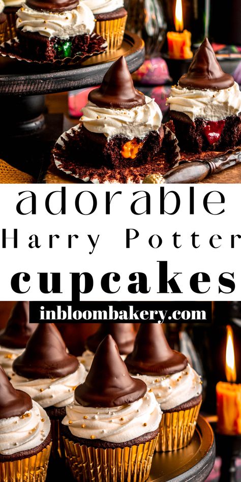 These are the best Harry Potter sorting hat cupcakes! They're moist chocolate cupcakes filled with the Hogwarts house colors and topped with mini sorting hats! Sorting Hat Cupcakes, Harry Potter Desserts, Harry Potter Snacks, Hogwarts House Colors, Harry Potter Parties Food, Moist Chocolate Cupcakes, Hat Cupcakes, Harry Potter Cupcakes, Chocolate Cupcakes Filled