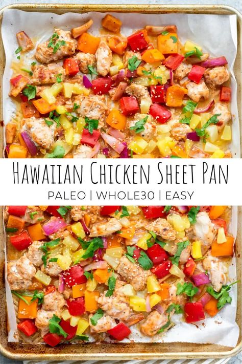 Hawaiian Chicken Sheet Pan Meal (Whole30 and Paleo) Chicken Sheet Pan, Sheet Pan Dinners Recipes, Hawaiian Chicken, Resep Diet, Pan Dinners, Dinners Recipes, Pan Meals, Health Dinner, Food Ingredients