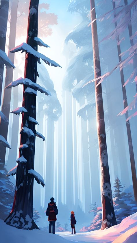 Snowy Anime Wallpaper, Snowy Environment Concept Art, Snow Forest Illustration, Winter Forest Illustration, Snow Digital Art, Snowy Wallpaper, Snow Environment, Winter Illustration, Forest Illustration