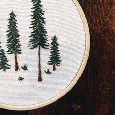 Embroidered Evergreen Trees, Easy Nature Embroidery, Pine Tree Hand Embroidery, Fir Tree Embroidery, Embroidery Patterns Trees, Embroidery Pine Tree Tutorial, Redwood Tree Embroidery, Evergreen Tree Embroidery, Embroidery Tree Simple