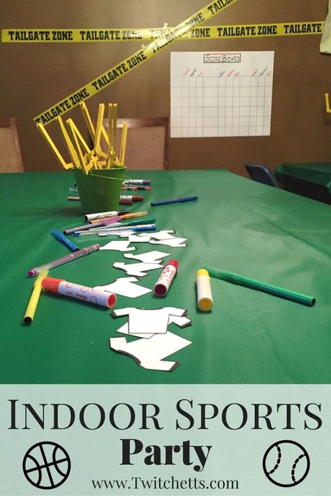 This indoor sports party is sure to be a hit! With an activity for football, baseball, soccer, and basketball. A great birthday party theme for all ages. Sports Birthday Activities, Basketball Birthday Activities, Basketball And Football Birthday Party, Football Party Activities For Kids, Basketball Themed Party Games, Football Themed Birthday Party Games, Football Party Games For Kids, Basketball Party Games, Soccer And Basketball