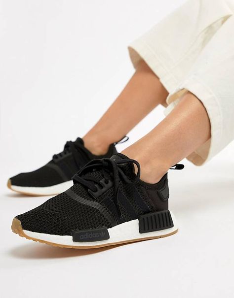 adidas Originals Nmd R1 Trainers In Black Adidas Originals Nmd R1, Black Tennis Shoes, Adidas Originals Nmd, Basket Noir, Sneakers Fashion Outfits, Adidas Nmd R1, Black Trainers, Marken Logo, Nmd R1