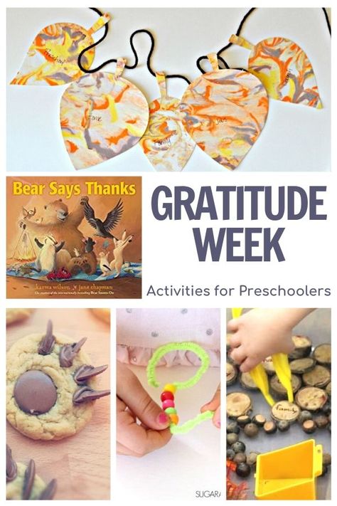 Simple activities and ideas for preschoolers on the theme of Gratitude featuring the book Bear Says Thanks by Karma Wilson. Being Thankful Preschool Crafts, We Are Thankful Preschool Activities, Thankful Week Preschool, Thankful Unit Preschool, Teaching Gratitude To Preschoolers, Gratitude Week Preschool, November Topics For Preschool, Grateful Activities For Preschool, Giving Thanks Lesson Plans Preschool