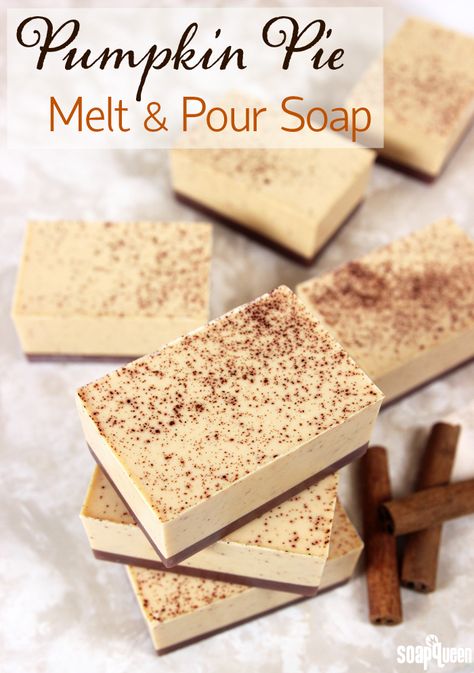 These creamy Pumpkin Pie Soaps smell just like the classic dessert. Real cinnamon and ground pumpkin seeds are added to exfoliate and smooth skin. Creamy Pumpkin Pie, Soap Queen, Diy Soap Recipe, Soap Melt And Pour, Melt And Pour Soap, Soap Making Recipes, Melt And Pour, Homemade Soap Recipes, Pumpkin Flavor