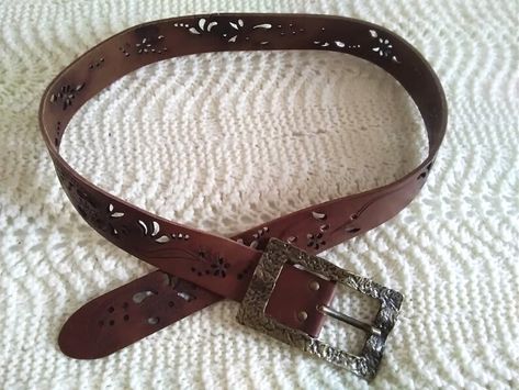 90s openwork leather belt, brown leather belt, big metallic buckle, genuine leather belt, boho belt, wide leather belt, embellished floral belt. please check the measurements before ordering Measurement in shorter position : 80 cm (31,5 inches) measurement in longer position : 92 cm (36 inches) width :4 cm (1,5 inches) Floral Belt, Belt Wide, Boho Belt, Boho Belts, Wide Leather Belt, Belt Brown, Western Leather, Brown Leather Belt, Jewelry Lookbook