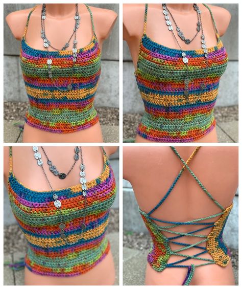 Crochet Lace Up Top, Scrap Yarn Crochet Top, Scrap Yarn Projects Crochet, Scrap Yarn Top, Crochet Hippie Clothes, Hippie Crochet, Crochet Business, Crochet Design Pattern, Crochet Clothing And Accessories