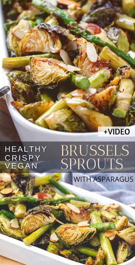 Looking for Healthy Vegan Brussels Sprouts Recipes to serve as a side dish or dinner? Check out this easy oven roasted Brussels sprouts recipe with asparagus and toasted almonds – all crispy served with a sweet and tangy mustard sauce. Perfect for side dish for a holiday table. #brusselssproutsrecipe #vegan #sidedish #brusselsprouts #roasted #mustard #asparagus