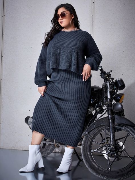 Plus Ruffle Hem Sweater & Ribbed Knit Skirt | SHEIN USA Ribbed Skirt Outfit Fall, Ribbed Skirt Outfit, Ribbed Knit Skirt, Knit Skirt Outfit, Plus Size Knitwear, Skirt Outfit Fall, Plain Skirt, Plus Size Sweater, Ribbed Skirt