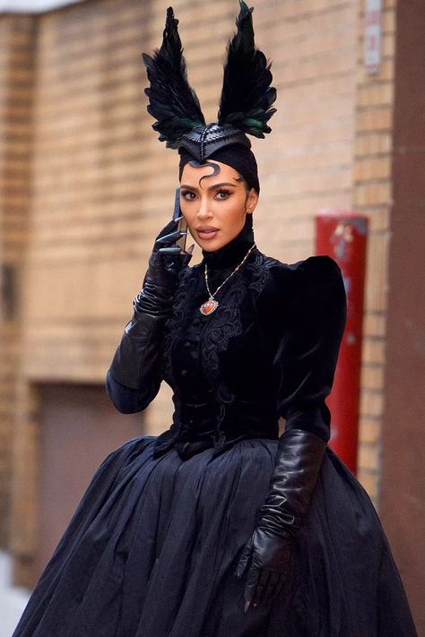 See Kim Kardashian Serve Maleficent Cosplay in Black Ball Gown and Horns on American Horror Story Set Kardashian Halloween Costume, Kim Kardashian Halloween, American Horror Story Costumes, Black Headpiece, Maleficent Cosplay, Victorian Era Dresses, Black Ball Gown, Celebrity Halloween Costumes, Streets Of New York